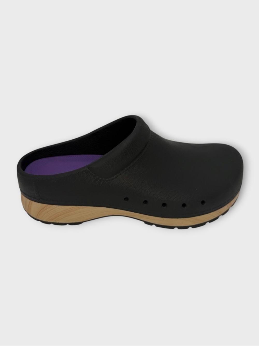 Dansko Black Leather Clog with Tan Wood-Effect Sole and Purple Insole